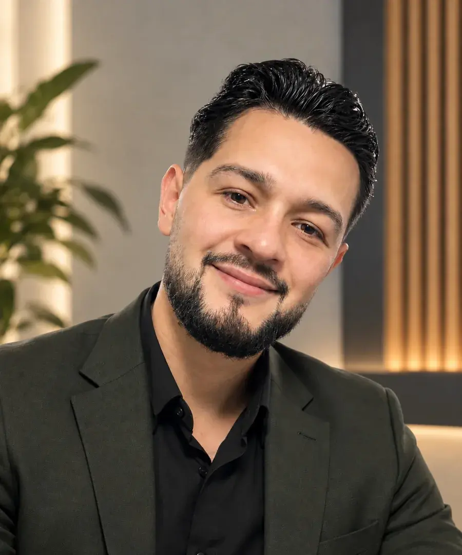 Retrato de Brandon: cabello oscuro peinado hacia atrás, barba, chaqueta oscura, sonriendo en una oficina.